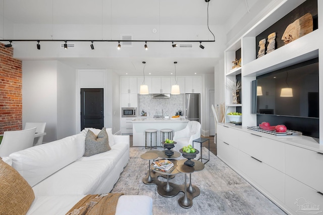 living room featuring light hardwood / wood-style floors, brick wall, and rail lighting