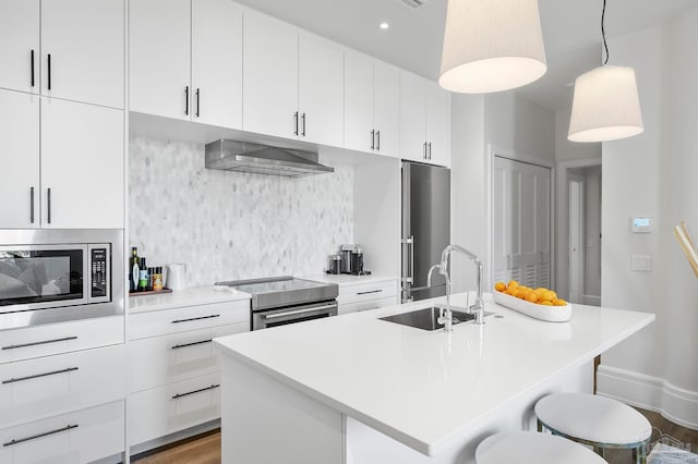 kitchen featuring a breakfast bar, a sink, tasteful backsplash, appliances with stainless steel finishes, and exhaust hood