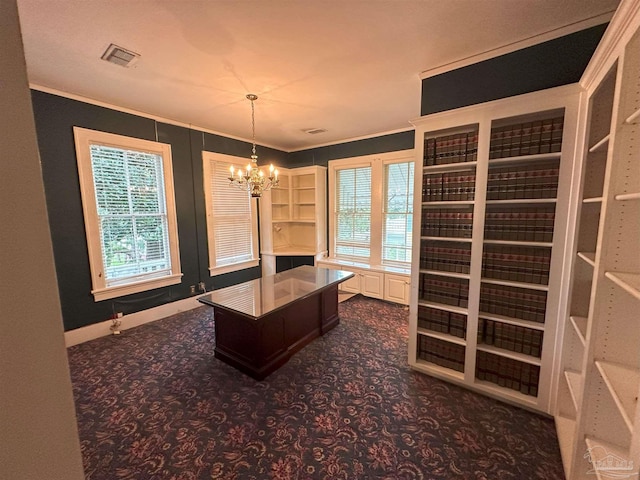 unfurnished office featuring ornamental molding, a notable chandelier, and dark colored carpet