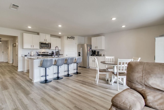 kitchen featuring a breakfast bar area, stainless steel appliances, visible vents, white cabinets, and a center island with sink