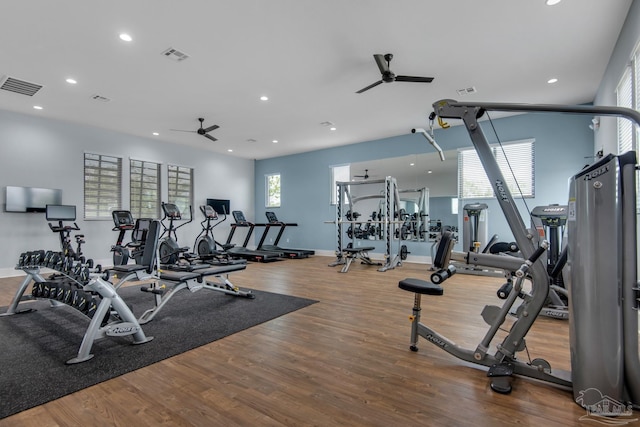 gym with hardwood / wood-style floors and ceiling fan