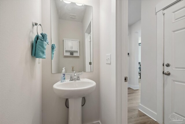 bathroom with hardwood / wood-style flooring