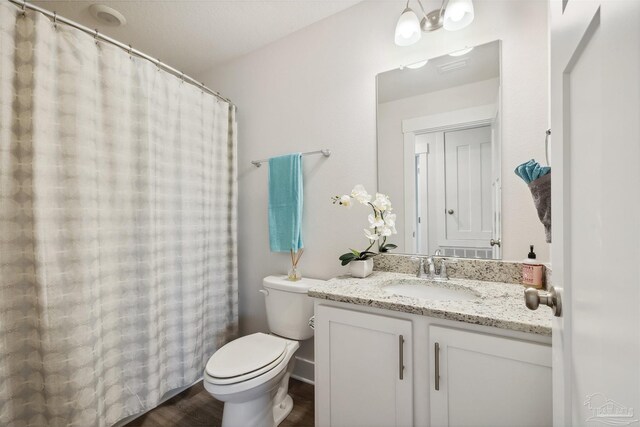 bathroom featuring vanity, toilet, and wood-type flooring