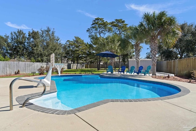 view of pool featuring a fenced backyard, a fenced in pool, and a patio