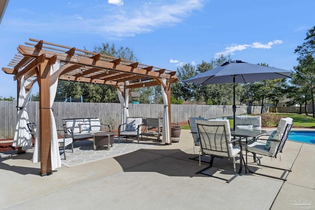 view of patio featuring outdoor dining area, a fenced backyard, outdoor lounge area, and a pergola