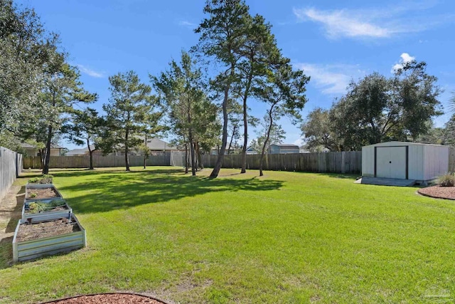 view of yard with an outbuilding, a garden, a fenced backyard, and a storage shed