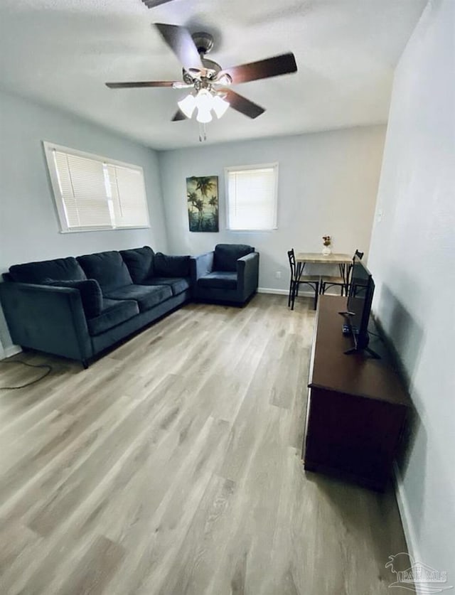 living room with ceiling fan and light hardwood / wood-style flooring