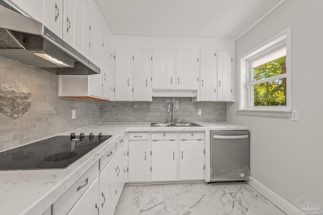 kitchen featuring black electric stovetop, decorative backsplash, stainless steel dishwasher, marble finish floor, and a sink
