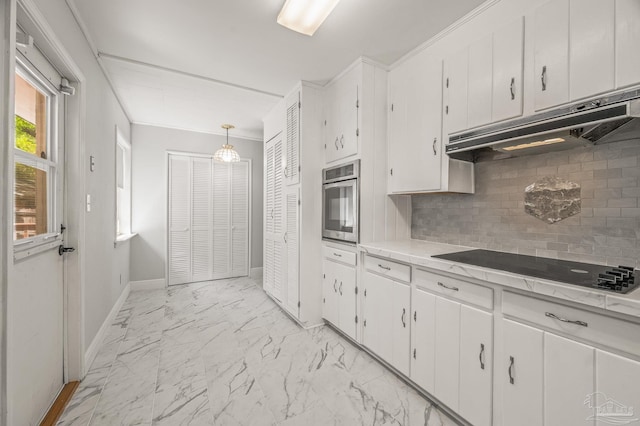 kitchen with oven, under cabinet range hood, white cabinetry, black electric stovetop, and marble finish floor