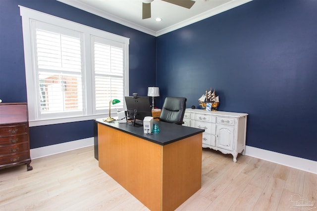 office with crown molding, a ceiling fan, baseboards, and light wood finished floors