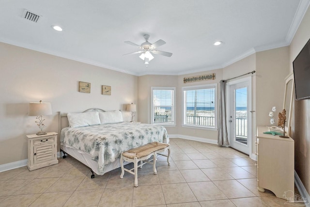 tiled bedroom featuring crown molding, access to exterior, and ceiling fan