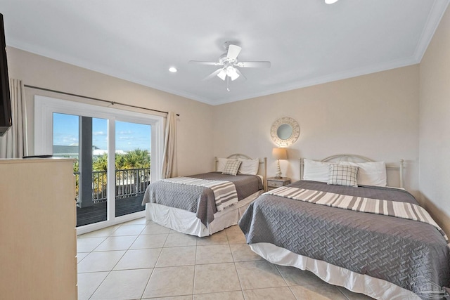 tiled bedroom featuring ceiling fan, ornamental molding, and access to outside