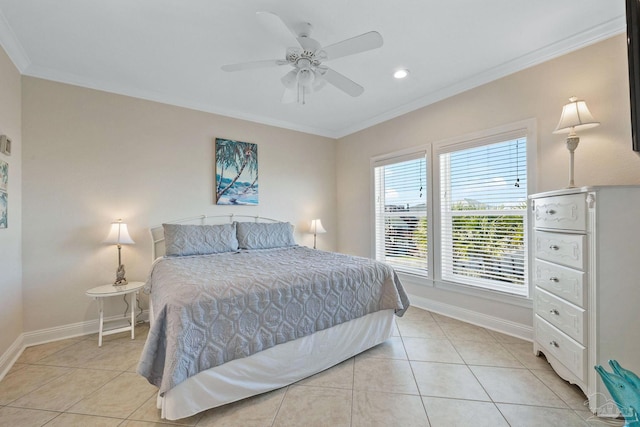 bedroom with ceiling fan, ornamental molding, and light tile patterned floors