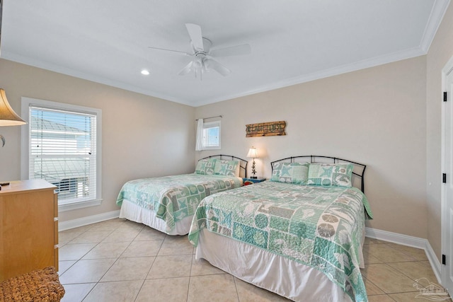 bedroom featuring ceiling fan, light tile patterned floors, and crown molding