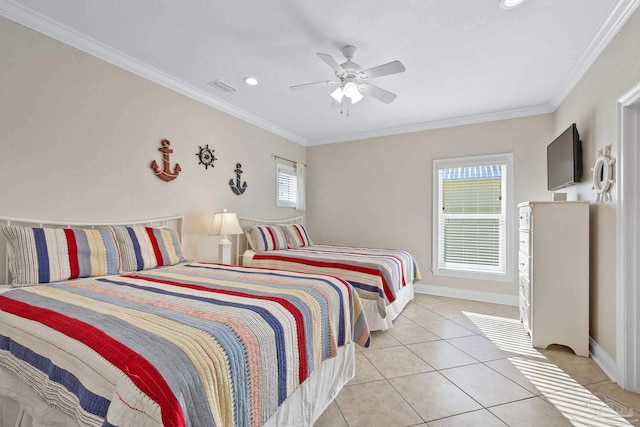 tiled bedroom featuring crown molding and ceiling fan