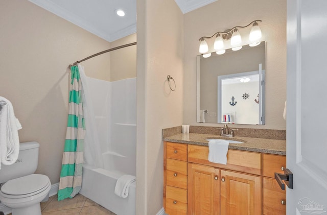 full bathroom featuring vanity, crown molding, shower / bathtub combination with curtain, and tile patterned flooring