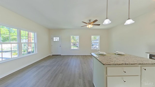 kitchen with ceiling fan, light stone countertops, decorative light fixtures, white cabinets, and light wood-type flooring