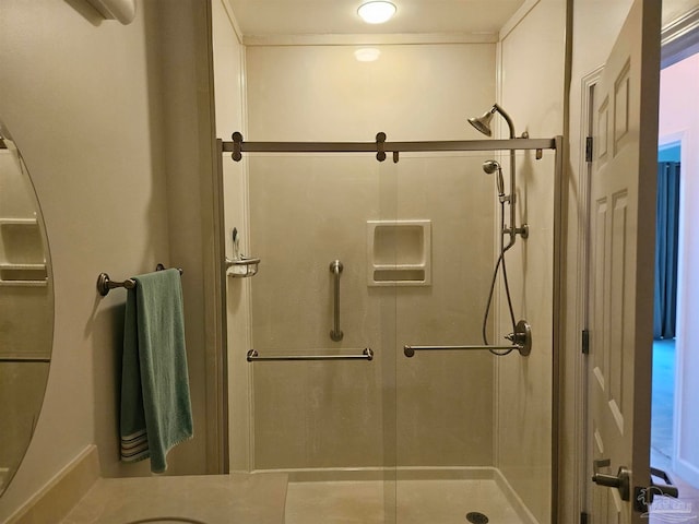 bathroom featuring a shower with shower door