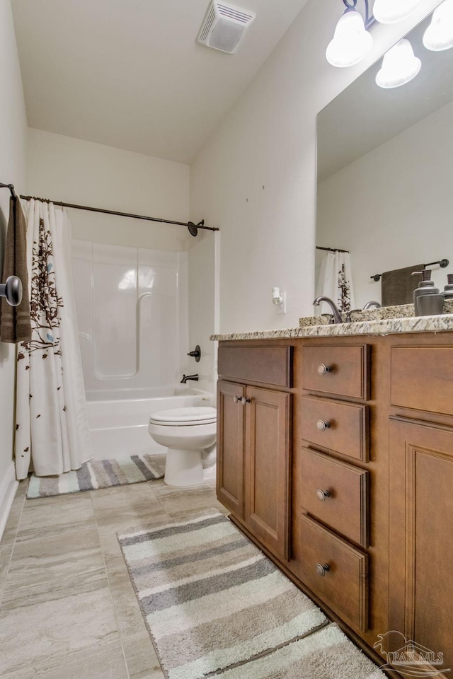 full bath with toilet, vanity, visible vents, and shower / bathtub combination with curtain