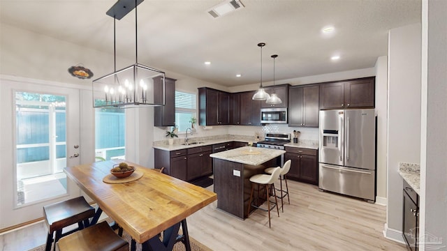 kitchen featuring appliances with stainless steel finishes, sink, pendant lighting, dark brown cabinetry, and a center island