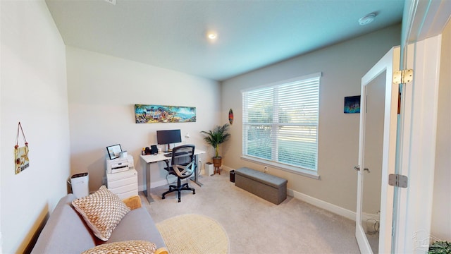 home office with light colored carpet