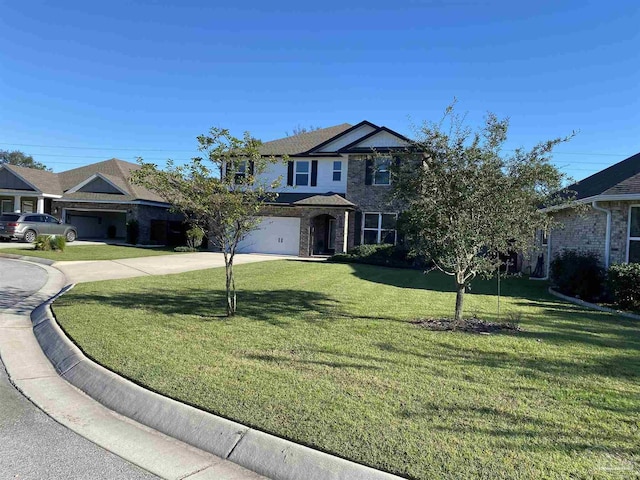 view of property with a garage and a front yard