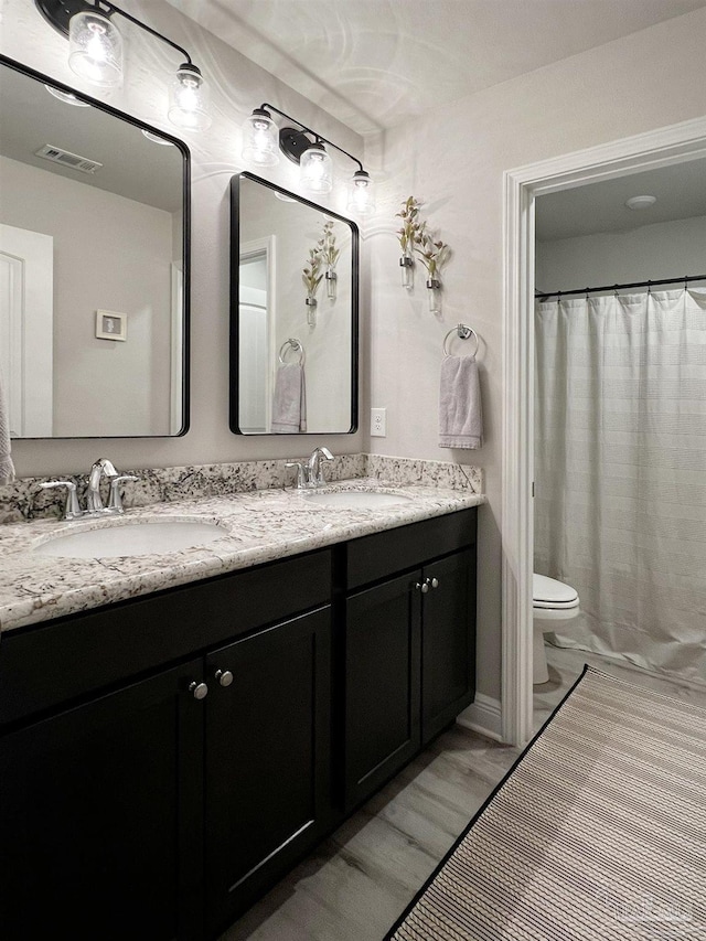 bathroom featuring toilet, hardwood / wood-style flooring, and vanity