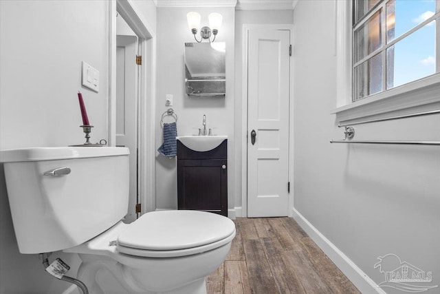 bathroom featuring toilet, vanity, and hardwood / wood-style flooring