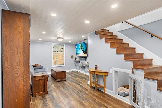 interior space with wooden ceiling and hardwood / wood-style flooring