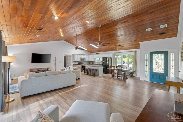 living room with a ceiling fan, visible vents, high vaulted ceiling, light wood finished floors, and wooden ceiling