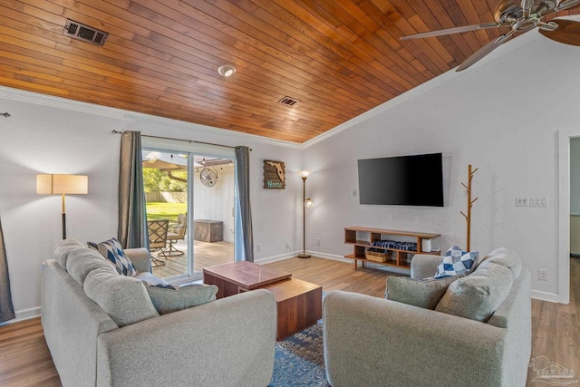living room with visible vents, ceiling fan, wood ceiling, crown molding, and lofted ceiling