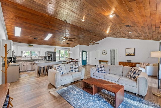 living room featuring light wood-style flooring, a ceiling fan, visible vents, lofted ceiling, and wood ceiling