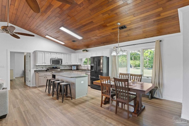 kitchen with ceiling fan with notable chandelier, visible vents, black fridge, a center island, and stainless steel microwave