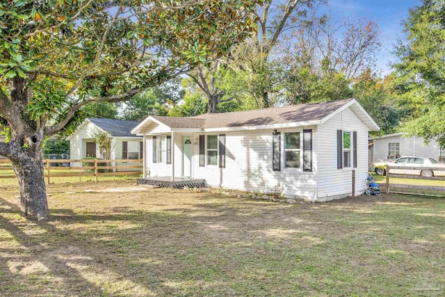 single story home featuring fence and a front lawn