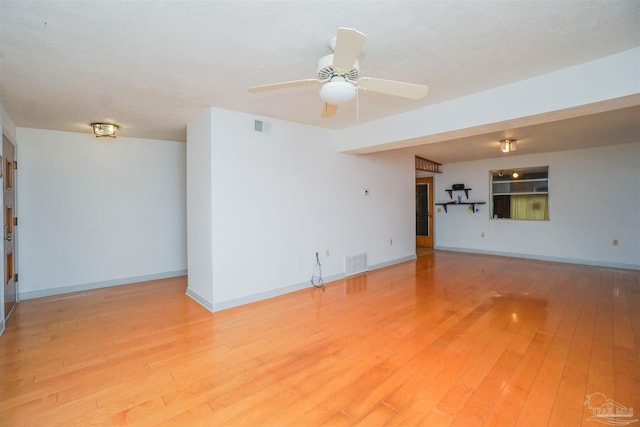 unfurnished living room with ceiling fan and light hardwood / wood-style flooring