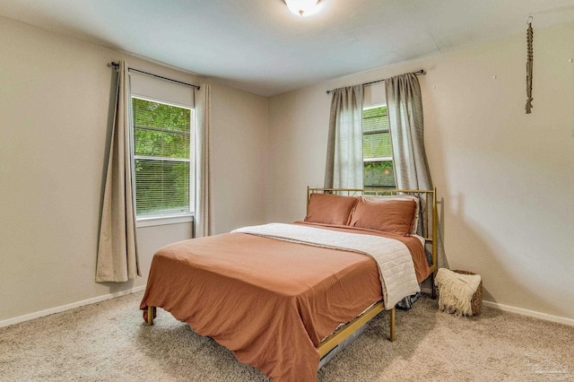 bedroom with multiple windows and light carpet