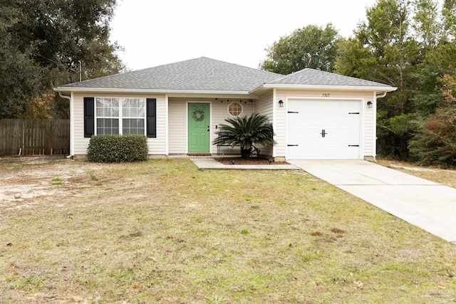 single story home with a front yard and a garage