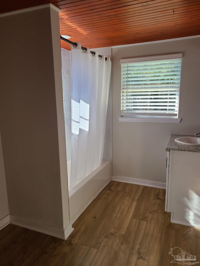 spare room with sink, wood ceiling, and dark hardwood / wood-style flooring