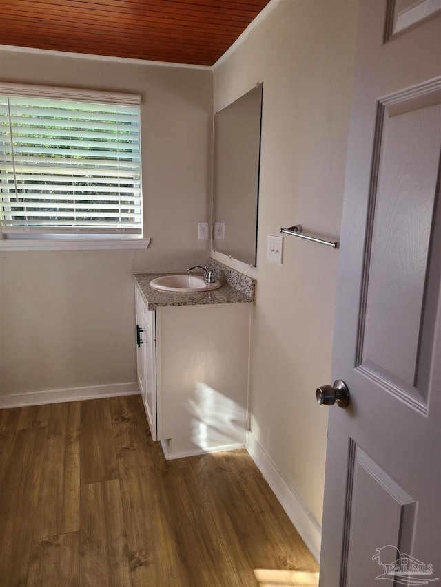 bathroom with vanity, wood-type flooring, and wooden ceiling