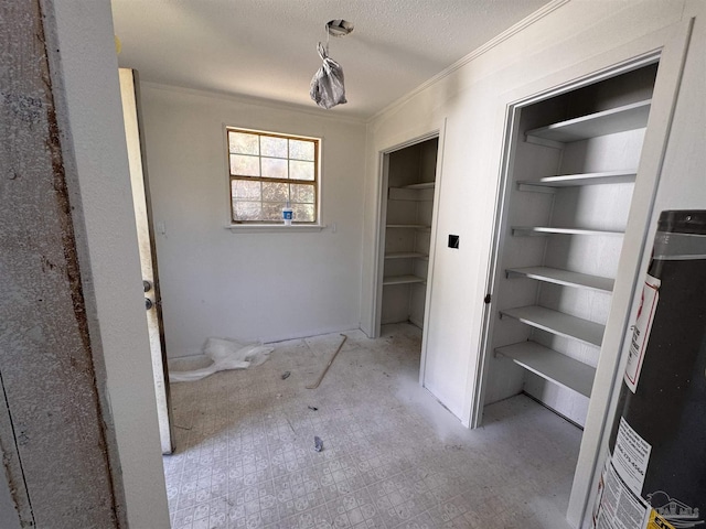 interior space with water heater, crown molding, and a textured ceiling