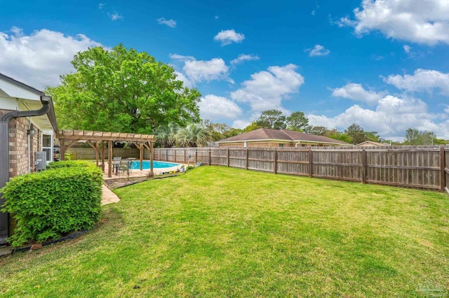 view of yard featuring a fenced backyard, a pergola, a patio area, and a fenced in pool