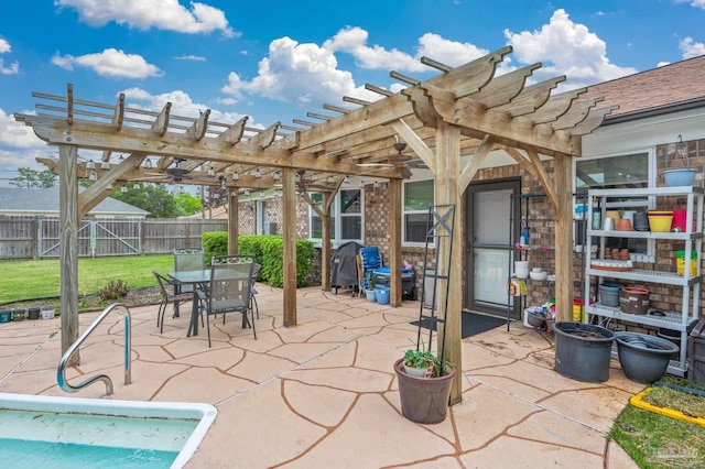 view of patio / terrace with a pergola, a fenced backyard, and outdoor dining space