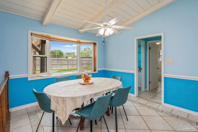 dining room with wood ceiling, lofted ceiling with beams, ceiling fan, and light tile patterned floors