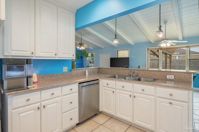 kitchen with dishwasher, ceiling fan, a sink, and light tile patterned floors