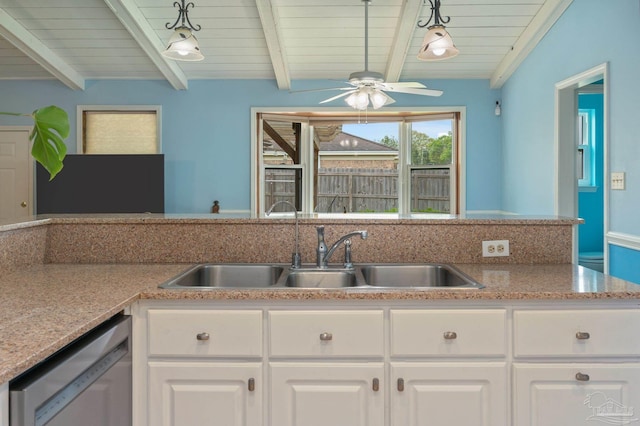kitchen featuring wooden ceiling, a sink, beamed ceiling, a ceiling fan, and dishwasher