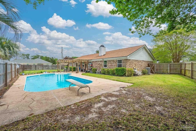 view of swimming pool featuring a lawn, a pergola, a fenced backyard, and a patio area