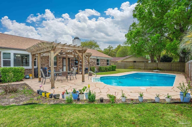 view of swimming pool with a fenced backyard, a pergola, a lawn, and a patio area