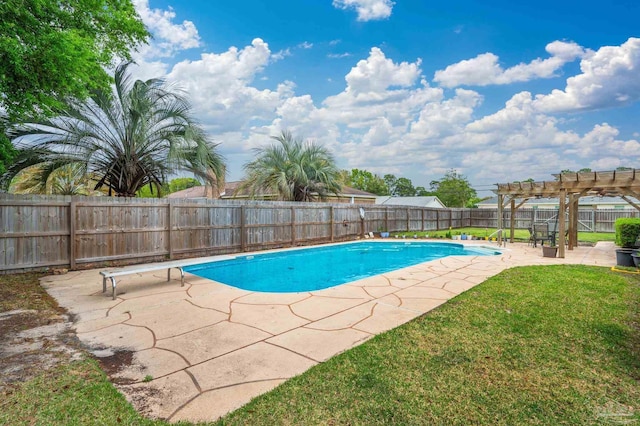 view of swimming pool featuring a pergola, a patio area, a lawn, a fenced backyard, and a fenced in pool