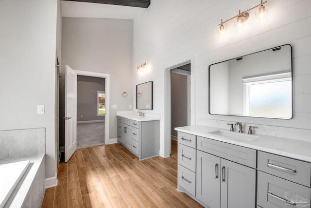 bathroom with a sink, baseboards, two vanities, and wood finished floors