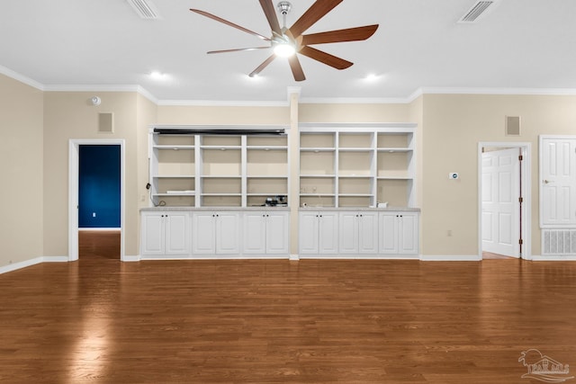 unfurnished living room with ceiling fan, visible vents, and wood finished floors